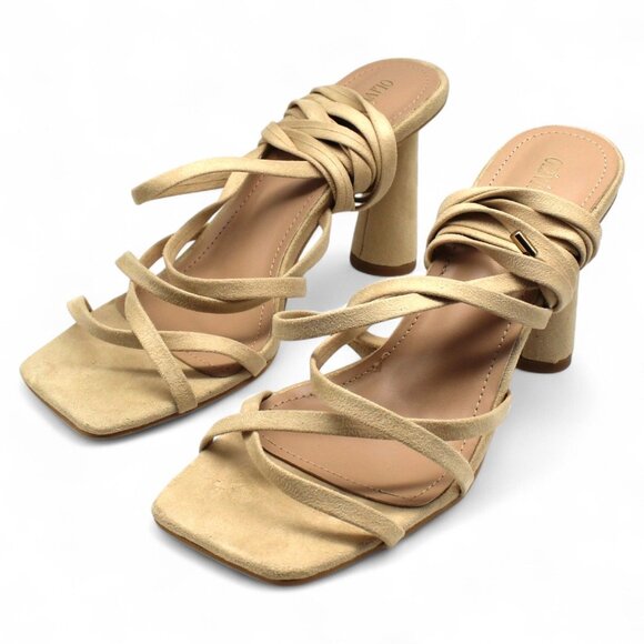 OLIVIA MILLER Womens Beige Strappy Nia Square Toe Flare Lace-up Dress Heeled San - Picture 3 of 6